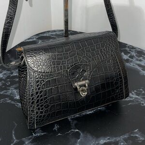 Patricia Nash Handbag Leather Ashmore Satchel British Black Croco AUTHENTIC